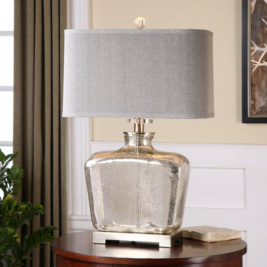 Molinara Mercury Glass Table Lamp by Uttermost. Made from glass, metal, crystal, fabric in a transitional style.