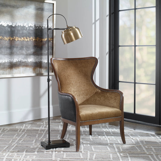 Bessemer Floor Lamp by Uttermost in antique brass. Made from steel in a modern style.