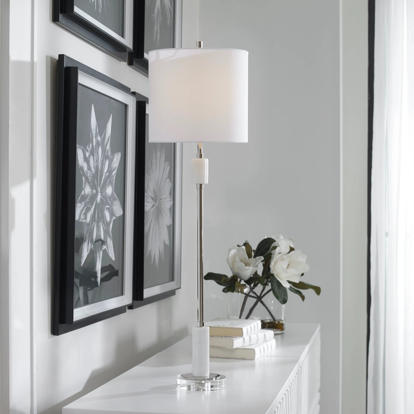 005 SR-861050 | Lifestyle | Sussex Buffet Lamp by Uttermost in nickel. Made from crystal, marble, steel, fabric in a transitional style.