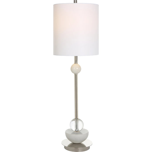 Exposition Buffet Lamp by Uttermost in white, nickel. Made from iron, marble, crystal, fabric in a modern style.