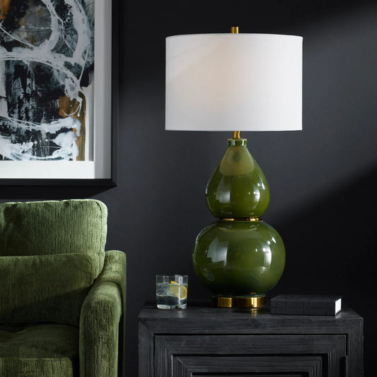 Gourd Table Lamp by Uttermost in moss green, brass. Made from ceramic, metal, fabric in a modern style.