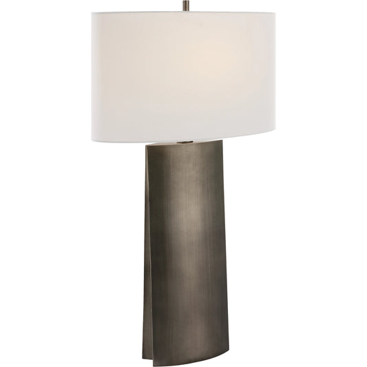V-Groove Table Lamp by Uttermost in dark steel gray. Made from iron, fabric in a modern style.