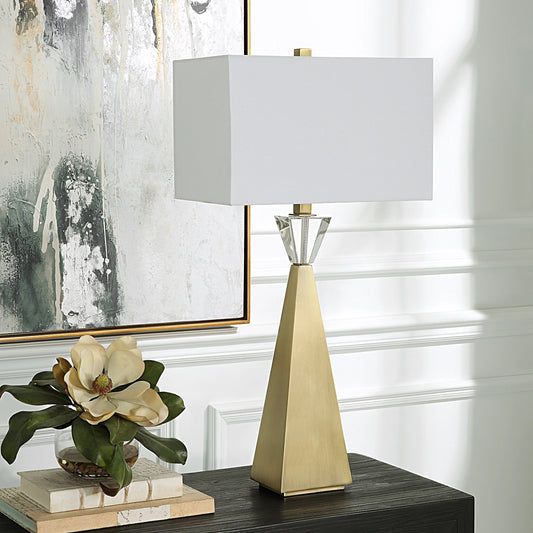 Arete Modern Table Lamp by Uttermost in brass. Made from iron, crystal, fabric in a modern style.