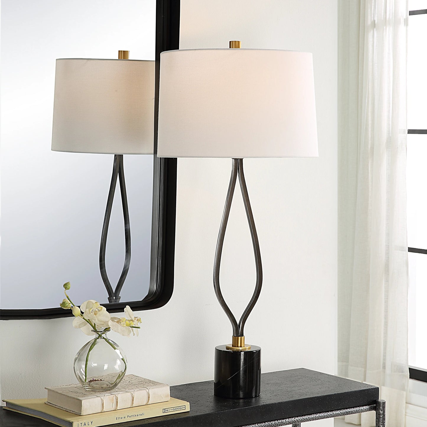 005 SI-2146873 | Lifestyle | Separate Paths Table Lamp by Uttermost in black, antique brass. Made from steel, marble, fabric in a modern style.