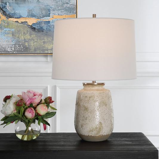 Medan Table Lamp by Uttermost in taupe, dove gray. Made from steel, ceramic, fabric in a modern style.