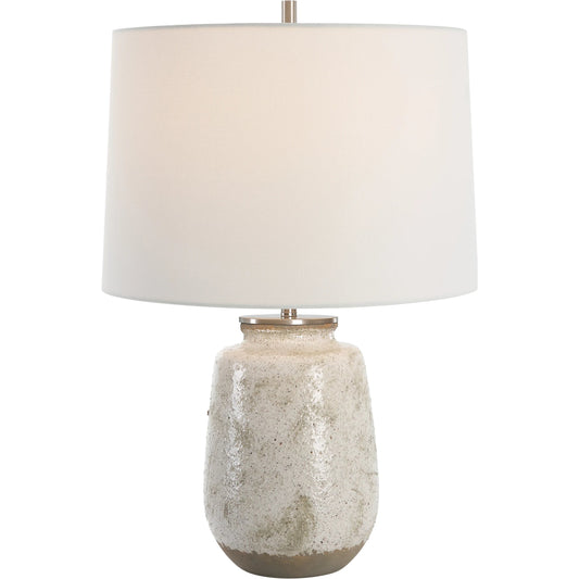 Medan Table Lamp by Uttermost in taupe, dove gray. Made from steel, ceramic, fabric in a modern style.