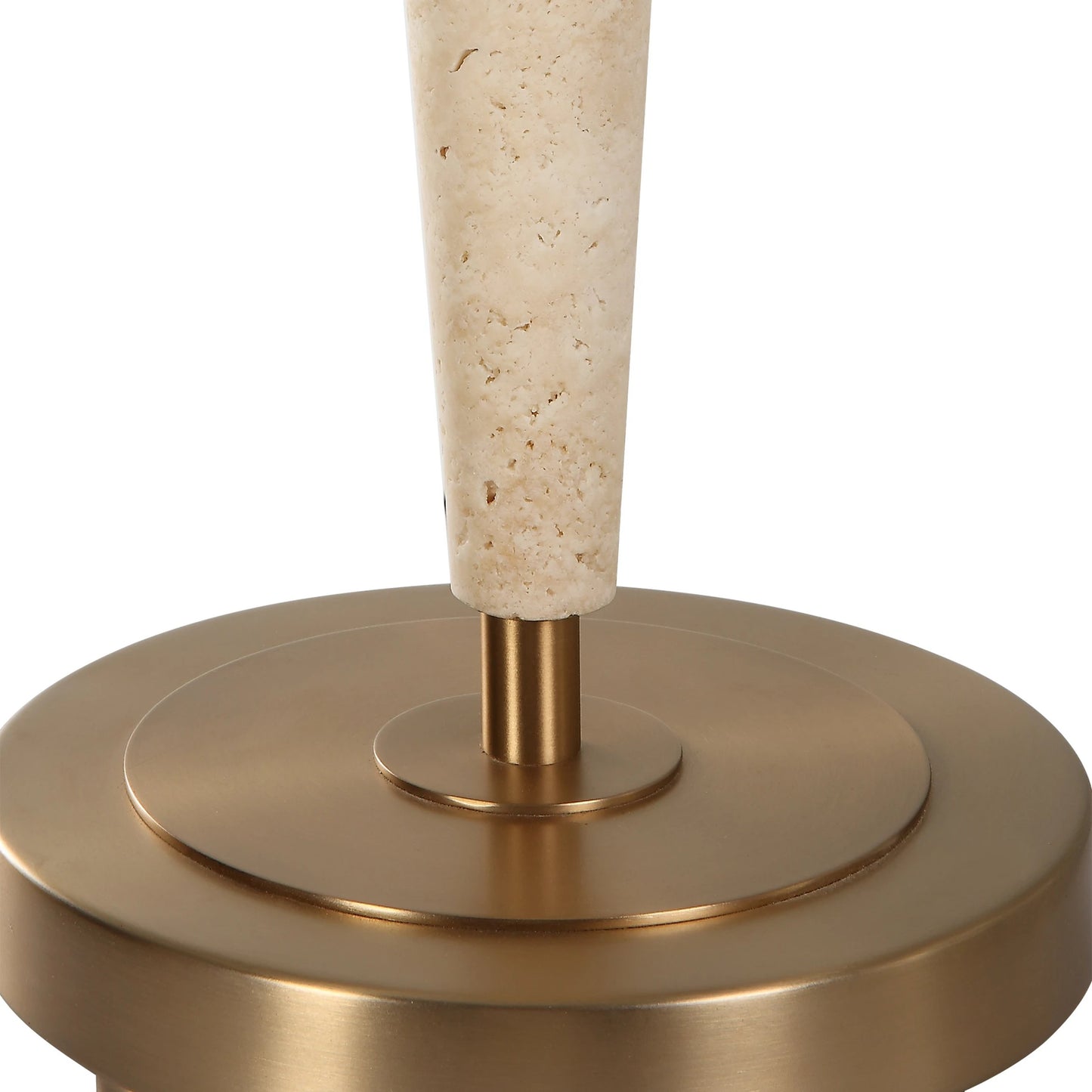 005 SI-2146875 | Closeup | Palu Travertine Table Lamp by Uttermost in brass. Made from iron, travertine, linen in a modern style.