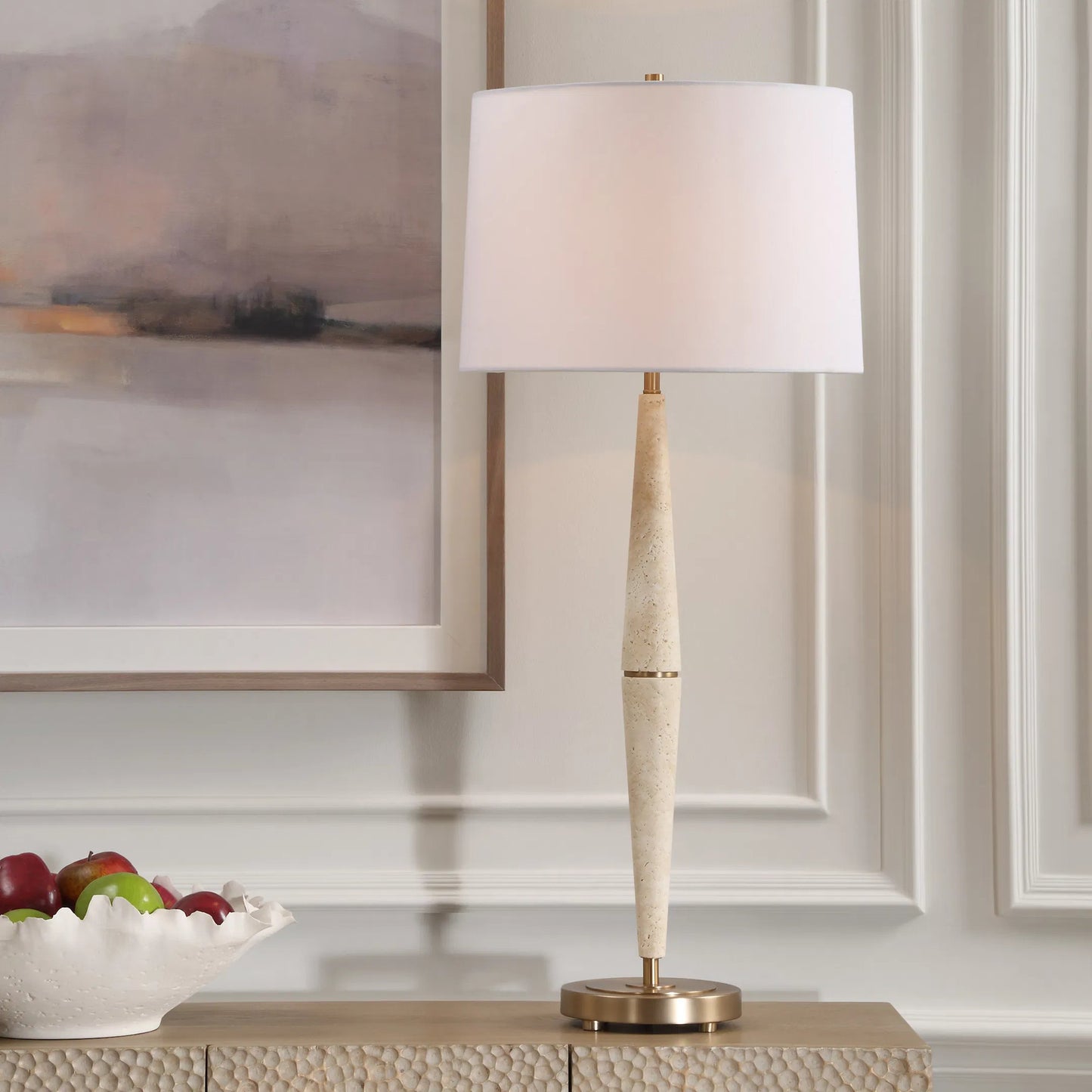 006 SI-2146875 | Lifestyle | Palu Travertine Table Lamp by Uttermost in brass. Made from iron, travertine, linen in a modern style.