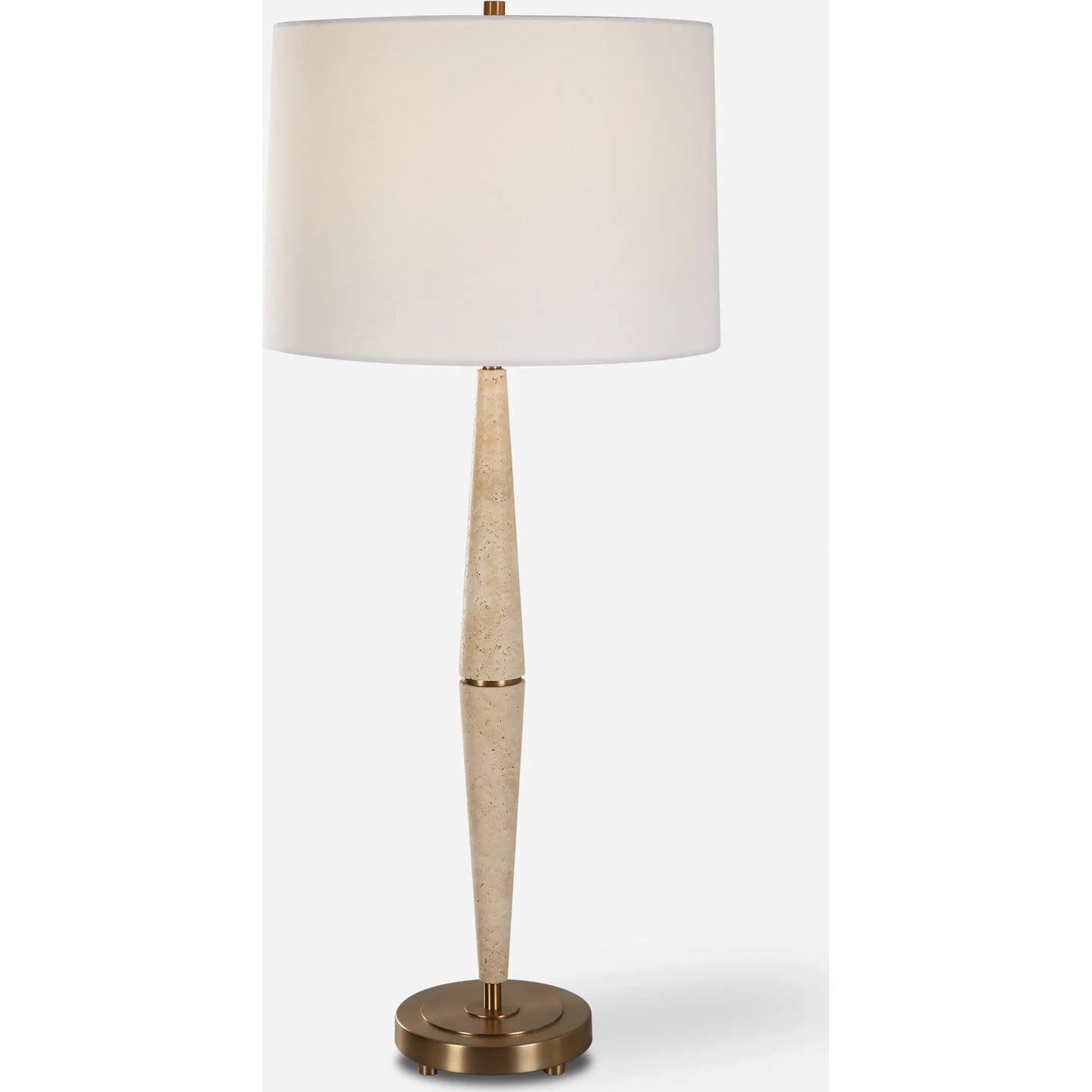 002 SI-2146875 | Primary Silo | Palu Travertine Table Lamp by Uttermost in brass. Made from iron, travertine, linen in a modern style.
