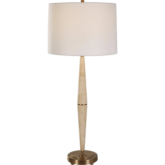 Palu Travertine Table Lamp by Uttermost in brass. Made from iron, travertine, linen in a modern style.