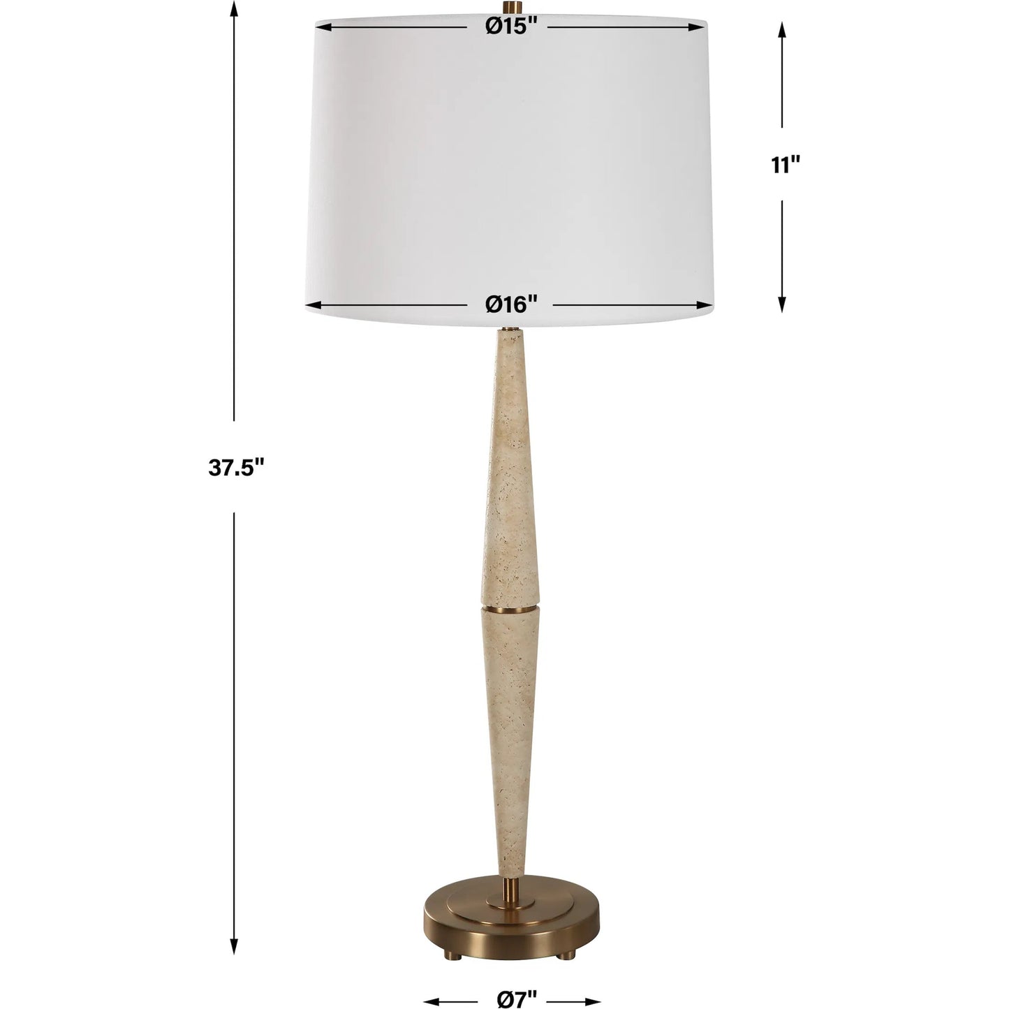 008 SI-2146875 | Unknown | Palu Travertine Table Lamp by Uttermost in brass. Made from iron, travertine, linen in a modern style.