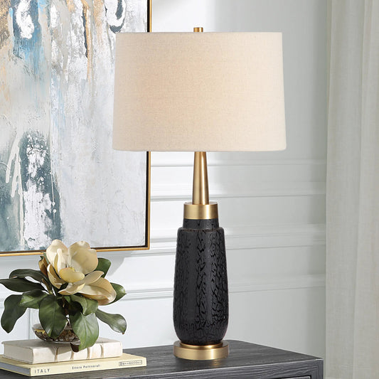 Spyglass Grain Table Lamp by Uttermost in brass. Made from glass, iron, fabric in a modern style.