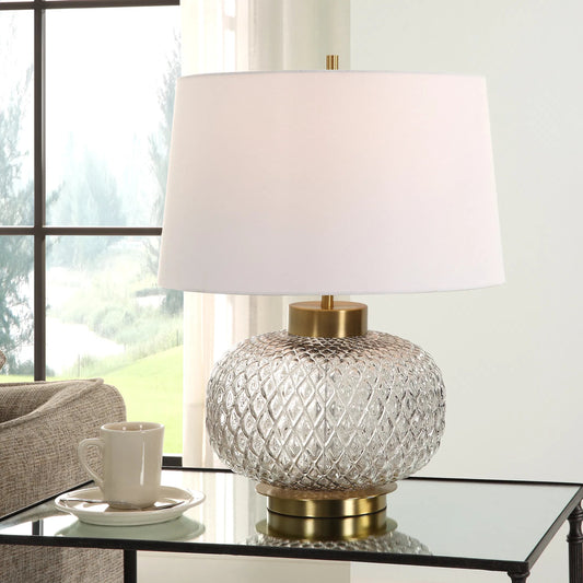 Estelle Glass Table Lamp by Uttermost in brass. Made from glass, iron, fabric in a transitional style.