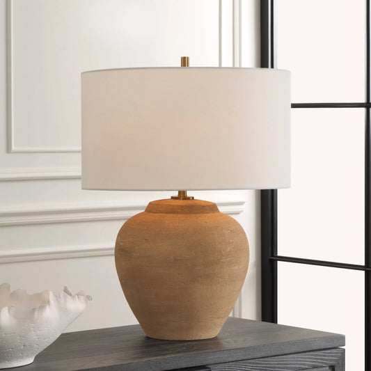 Treviso Terracotta Table Lamp by Uttermost in brass. Made from steel, terracotta with antique, fabri in a transitional style.