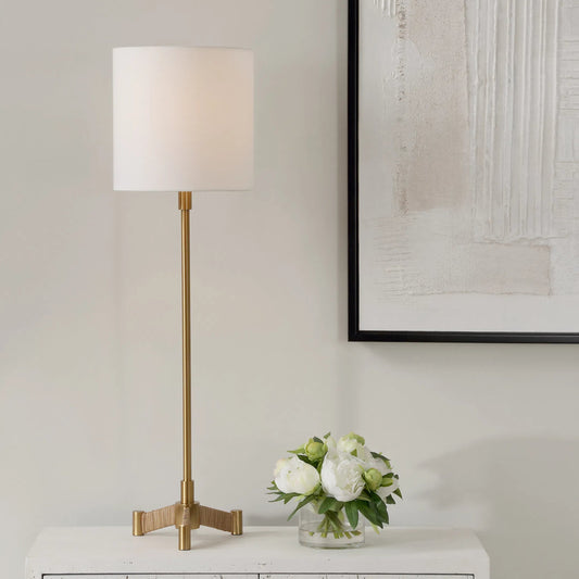 Lautoka Buffet Lamp by Uttermost in brass. Made from steel, rattan, fabric in a transitional style.