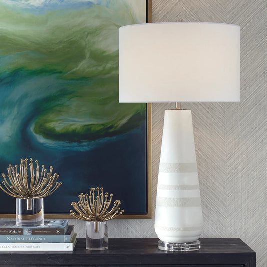 Santino Crackled Table Lamp by Uttermost in nickel. Made from ceramic, fabric, metal in a transitional style.