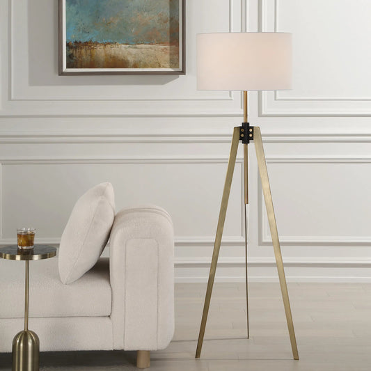 Anchorage Tri-Pod Floor Lamp by Uttermost in brass. Made from iron, fabric in a transitional style.