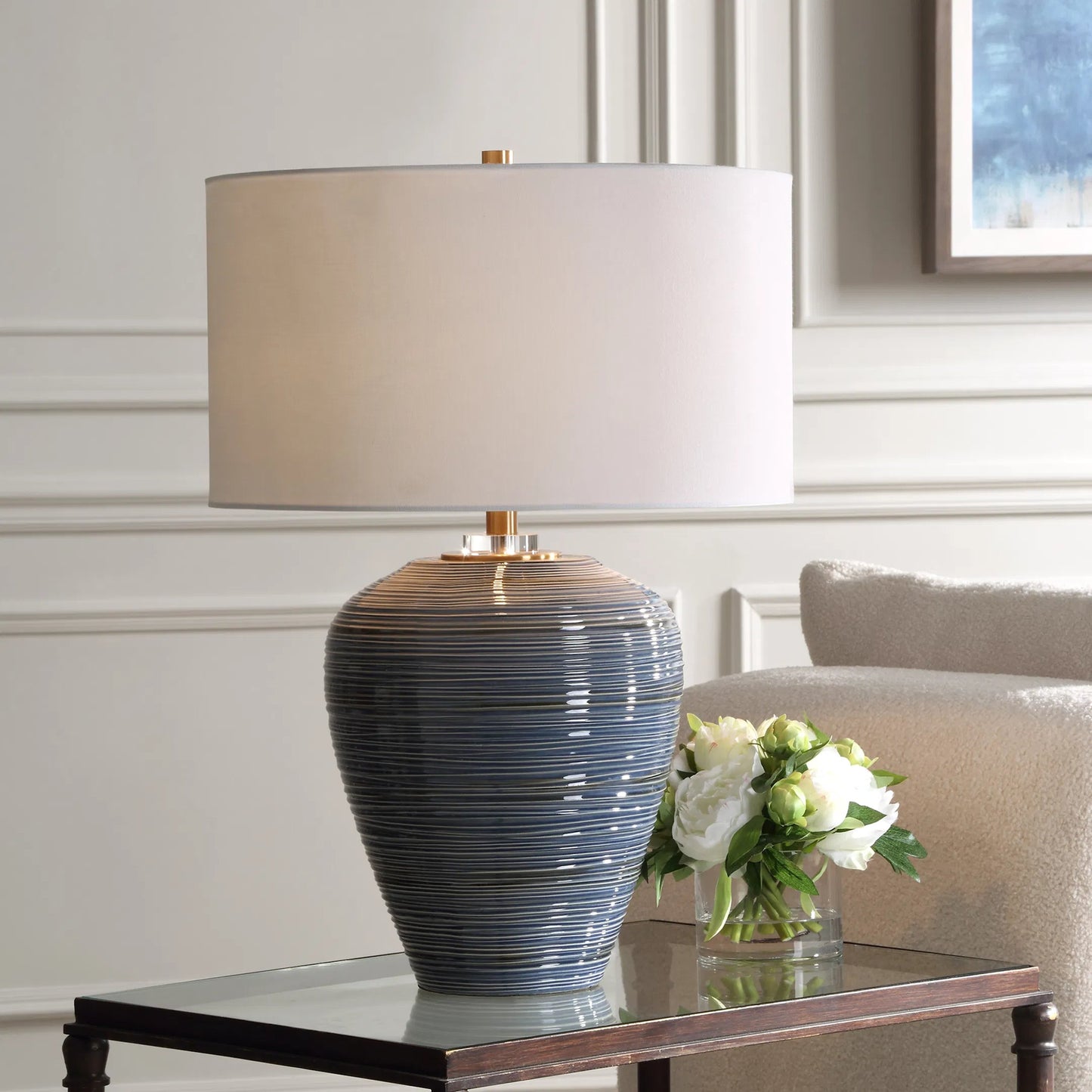005 SI-2262396 | Lifestyle | Moher Glossy Table Lamp by Uttermost in brass. Made from ceramic, crystal, iron, fabric in a eclectic & global style.