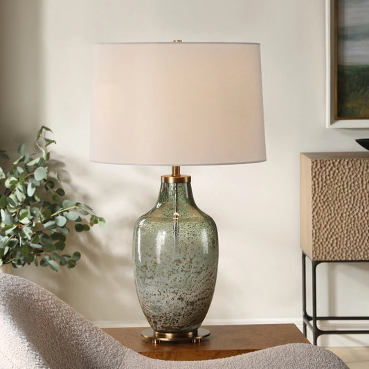 Chianti Olive Glass Table Lamp by Uttermost in bronze. Made from glass, iron, fabric in a eclectic & global style.