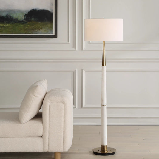 Faro Floor Lamp by Uttermost in brass. Made from iron, marble, fabric in a modern style.