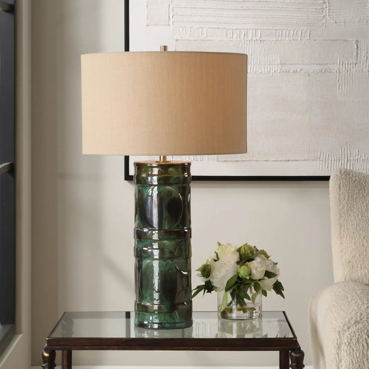 Loch Glaze Table Lamp by Uttermost in nickel. Made from ceramic, iron, fabric in a eclectic & global style.