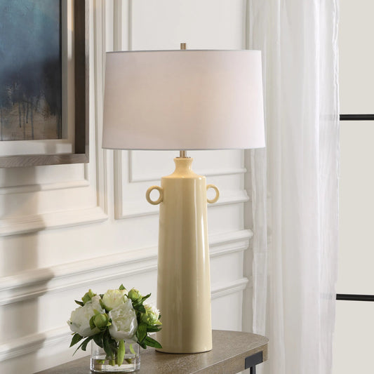 Florero Pale Yellow Table Lamp by Uttermost in nickel. Made from ceramic, iron, fabric in a transitional style.