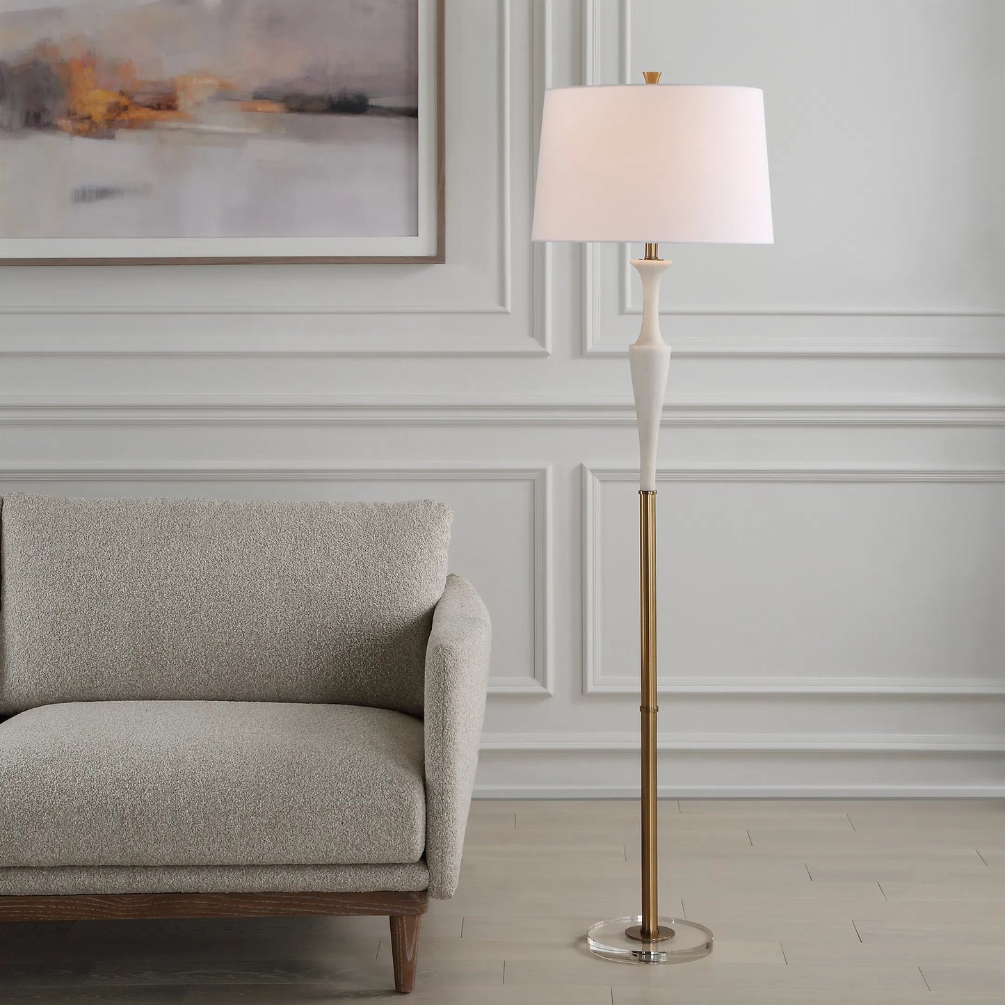 005 SI-2262381 | Lifestyle | Colette Floor Lamp by Uttermost in brass. Made from iron, crystal, fabric, rice stone in a transitional style.