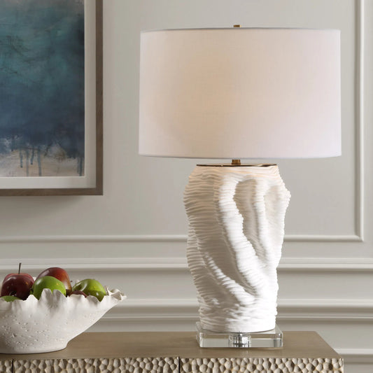 Stratified Table Lamp by Uttermost in brass. Made from ceramic, crystal, steel, fabric in a modern style.