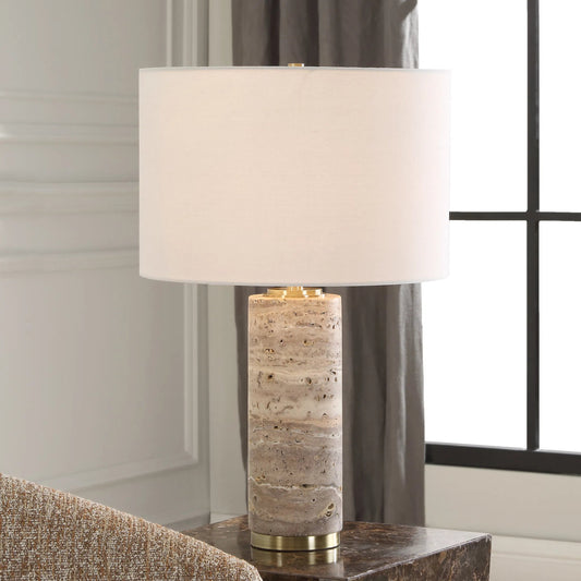 Cortado Travertine Table Lamp by Uttermost in brass. Made from iron, travertine, fabric in a modern style.