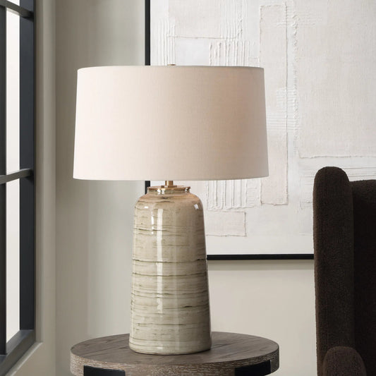 Strata Glaze Table Lamp by Uttermost in green, tan. Made from steel, ceramic, fabric in a modern style.