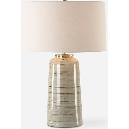 Strata Glaze Table Lamp by Uttermost in green, tan. Made from steel, ceramic, fabric in a modern style.