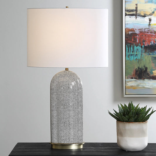 Dapple Table Lamp by Uttermost in dark chocolate. Made from porcelain, fabric, steel in a transitional style.
