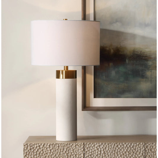 Wessex Table Lamp by Uttermost in brass. Made from iron, shagreen, fabric in a transitional style.