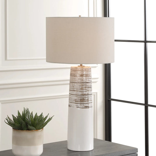 Haven Glaze Table Lamp by Uttermost in nickel. Made from steel, ceramic, fabric in a modern style.