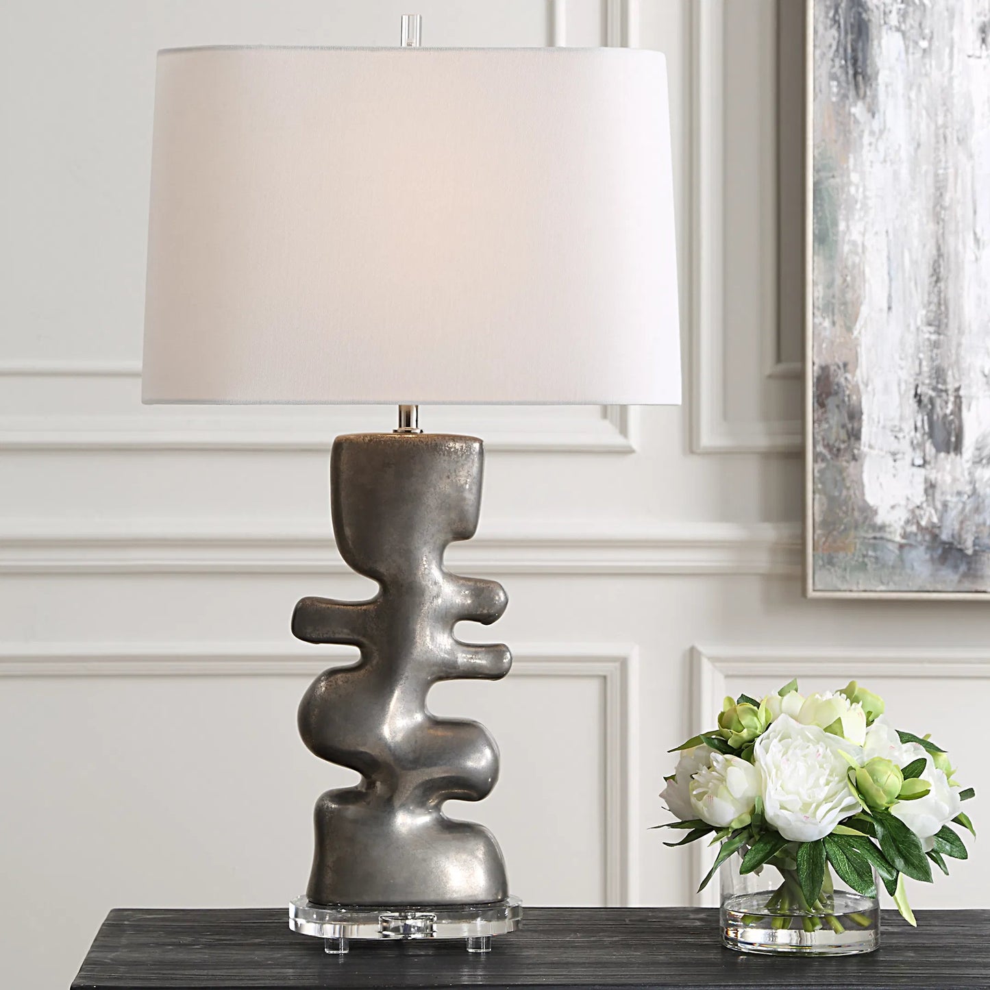 005 SI-2262441 | Lifestyle | Free Flowing Table Lamp by Uttermost in nickel. Made from steel, crystal, ceramic, fabric in a modern style.