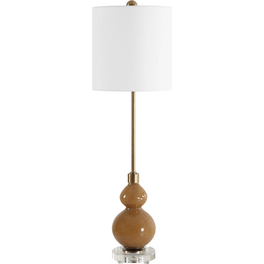 Sienna Caramel Glass Buffet Lamp by Uttermost in brass. Made from iron, crystal, fabric, glass in a eclectic & global style.