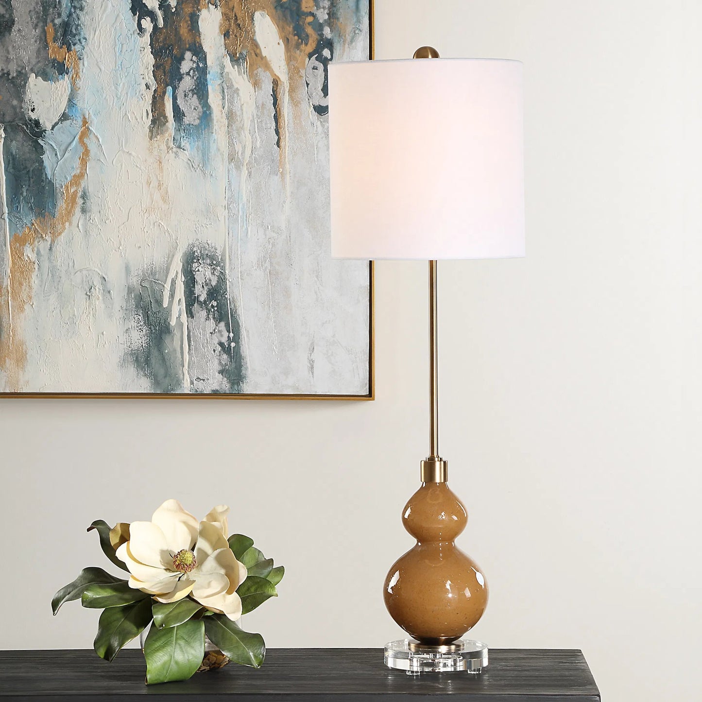 007 SI-2262460 | Lifestyle | Sienna Caramel Glass Buffet Lamp by Uttermost in brass. Made from iron, crystal, fabric, glass in a unique style.