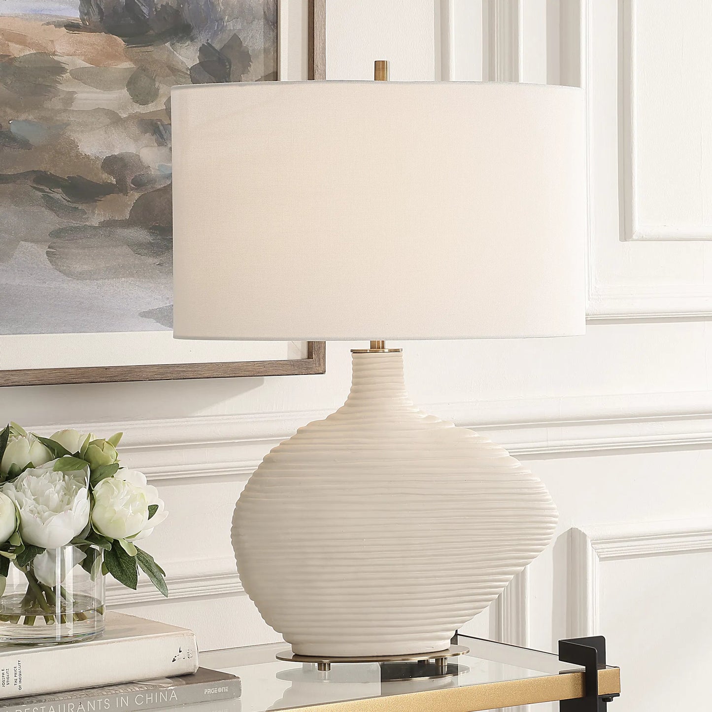 001 SI-2295278 | Lifestyle | Duostacked Ceramic Table Lamp by Uttermost in brass. Made from ceramic, fabric, crystal, iron in a transitional style.