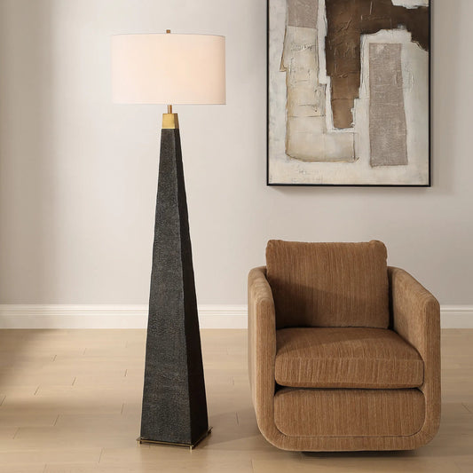 Lathey Tapered Floor Lamp by Uttermost in brass. Made from resin, iron, fabric in a modern style.