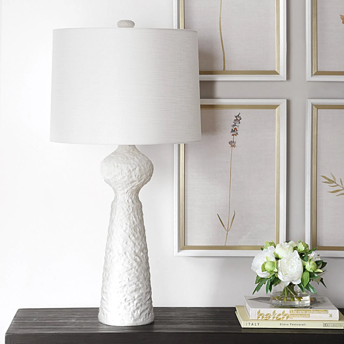 001 SI-2295305 | Lifestyle | Sonata Textured Table Lamp by Uttermost in brass. Made from ceramic, steel, fabric in a transitional style.