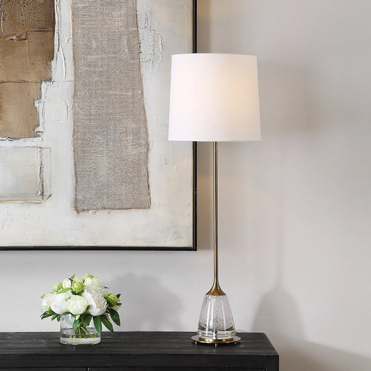 Alistair Buffet Lamp by Uttermost in brass. Made from metal, glass, fabric in a modern style.