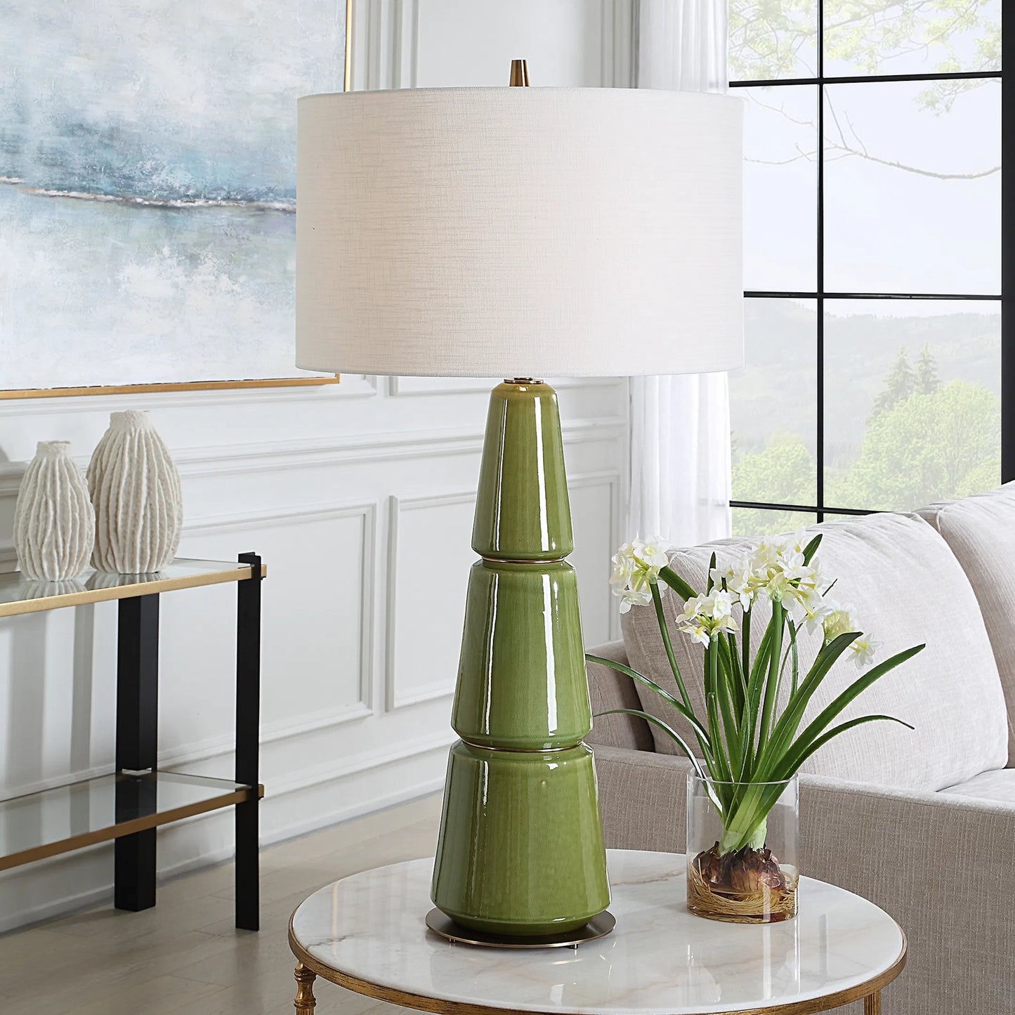 005 SI-2295298 | Lifestyle | Mendell Moss Table Lamp by Uttermost in brass. Made from metal, ceramic, linen in a eclectic & global style.