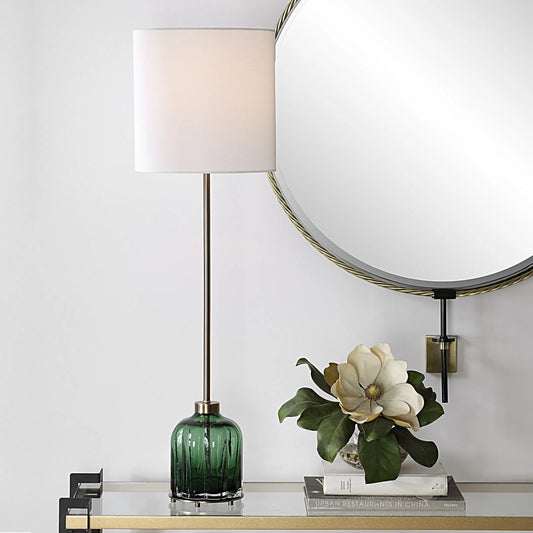 Lois Glass Buffet Lamp by Uttermost in brass. Made from metal, glass, fabric in a eclectic & global style.