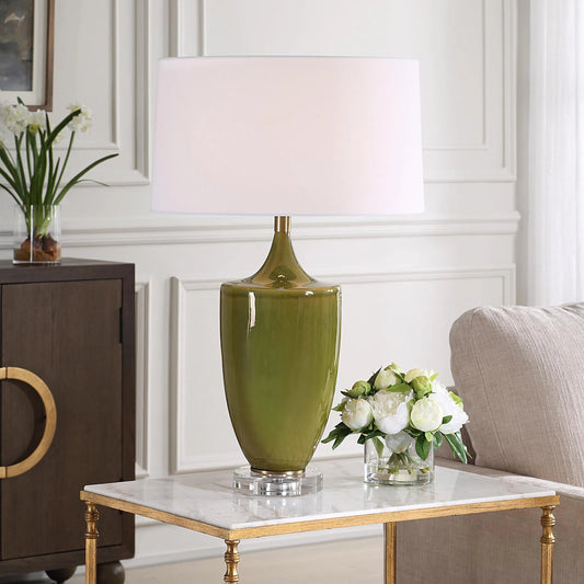 Adela Moss Table Lamp by Uttermost in brass. Made from steel, ceramic, crystal8%, fabric in a modern style.