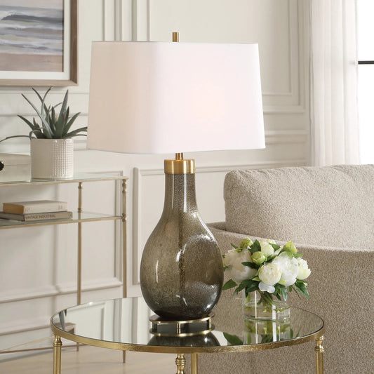 Shyla Glass Table Lamp by Uttermost in dark moss. Made from steel, glass, fabric in a eclectic & global style.