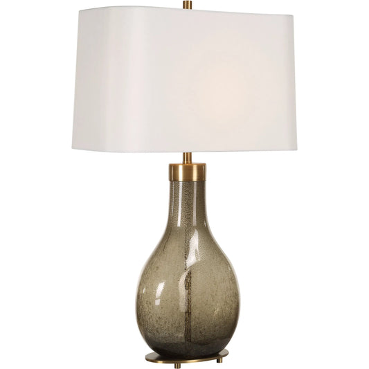 Shyla Glass Table Lamp by Uttermost in dark moss. Made from steel, glass, fabric in a eclectic & global style.