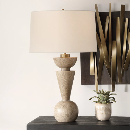 Cullum Geometric Table Lamp by Uttermost in brass. Made from steel, sand colored resin, fabric in a transitional style.