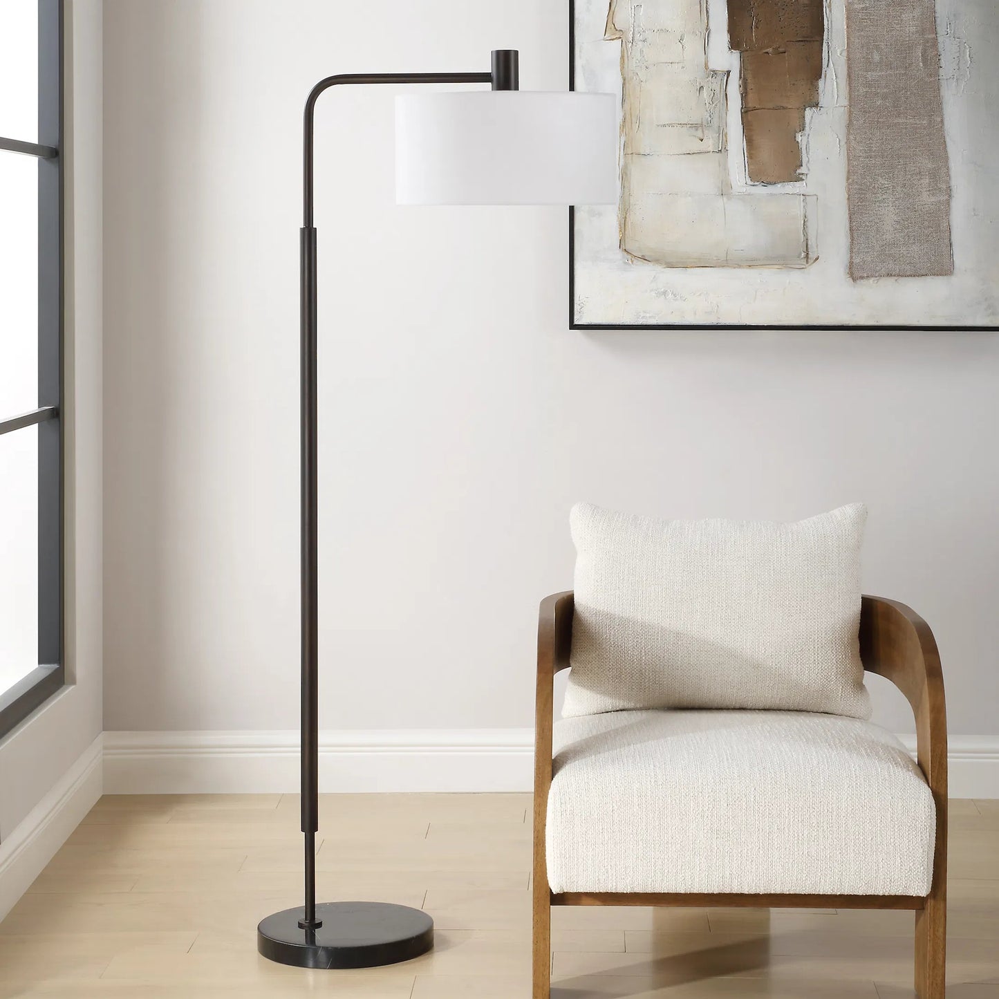 001 SI-2295281 | Lifestyle | Richie Floor Lamp by Uttermost in black. Made from steel, marble, fabric in a transitional style.