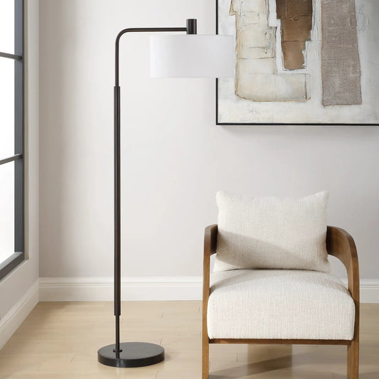 Richie Floor Lamp by Uttermost in black. Made from steel, marble, fabric in a transitional style.