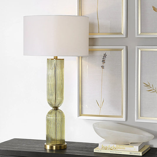 Mirah Olive Glass Table Lamp by Uttermost in brass. Made from metal, glass, fabric in a eclectic & global style.